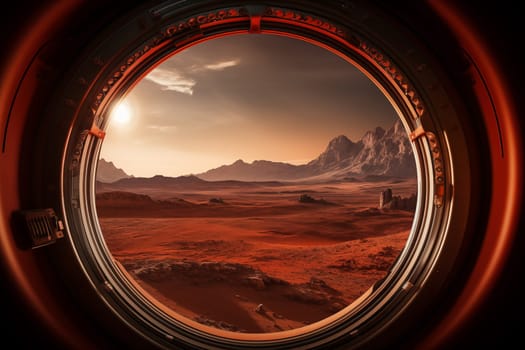 Mars landscape seen through spaceship window illuminator. Concept of extraterrestrial journey space exploration, conveys sense of otherworldly beauty and wonder
