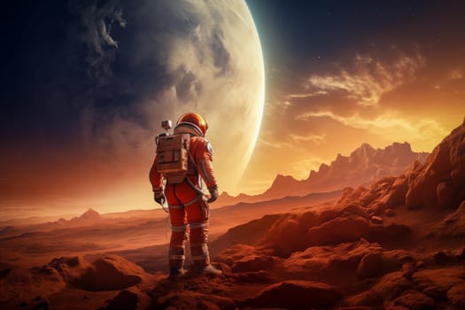 Future space travel mission to Mars - Astronaut in an orange suit walking on the surface of Mars with mountains and a moon in the background.