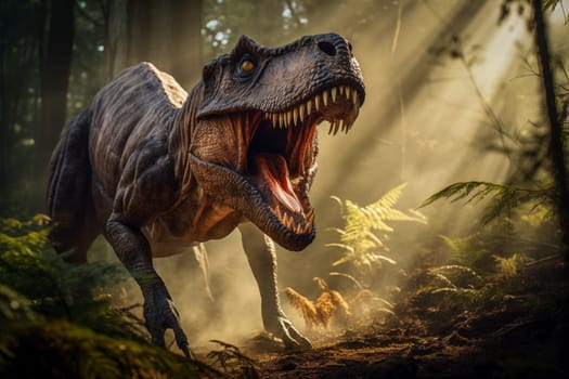 Tyrannosaur rex roaring in a prehistoric forest with lush vegetation, ferns and sunlight