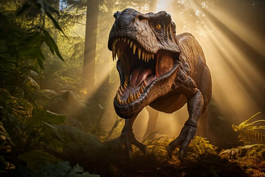 Tyrannosaur rex roaring in a prehistoric forest with lush vegetation, ferns and sunlight