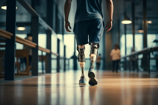 Amputee sportsman walking in corridor with bionic prosthetic legs prosthesis with robotic technology. Advancements in medical science and engineering, determination, strength, progress of the disabled