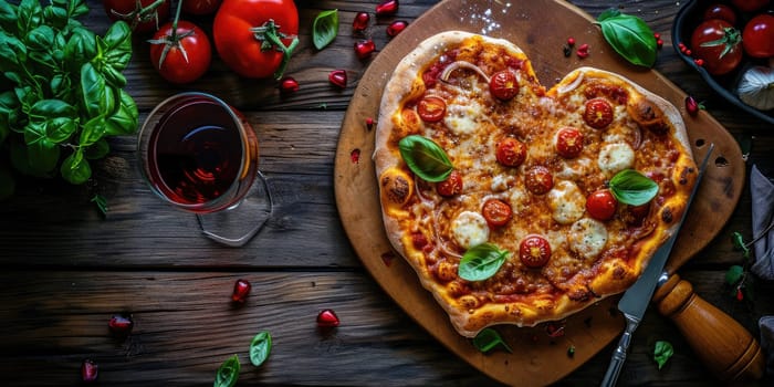 Heart shaped pizza for Valentines day on dark rustic wooden background pragma