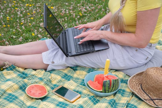 young blonde woman with a laptop lies on a blanket in the green grass on a sunny day, watermelon summer picnic, remote work, virtual chat, High quality photo