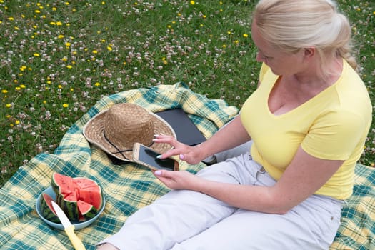 young blonde woman with a laptop lies on a blanket in the green grass on a sunny day, watermelon summer picnic, remote work, virtual chat, High quality photo