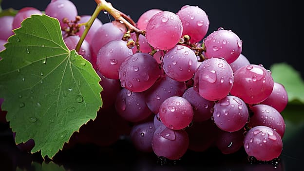 A bunch of large red grapes with leaves and water drops on a dark background.