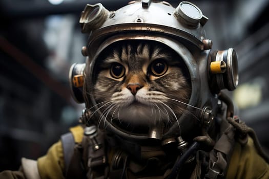 Cat in a vintage diver's suit.