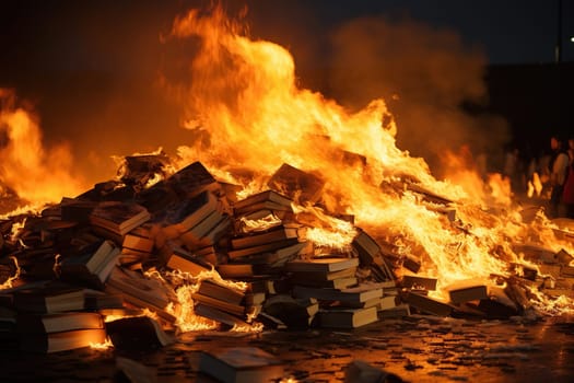 A large pile of books burns with a bright flame. Social problems concept.