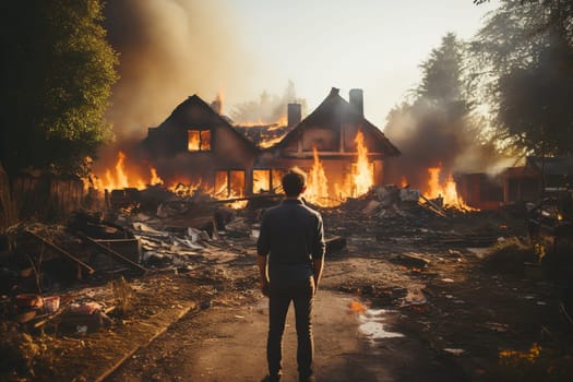 Rear view of a man looking at a burning house. Burning fire flames.