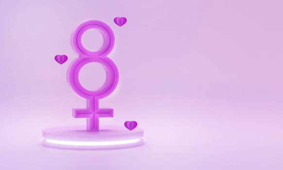 Podium with women's symbol and pink hearts on a pink background. Celebration 8 March. Concept of International Women's Day. 3D rendering.