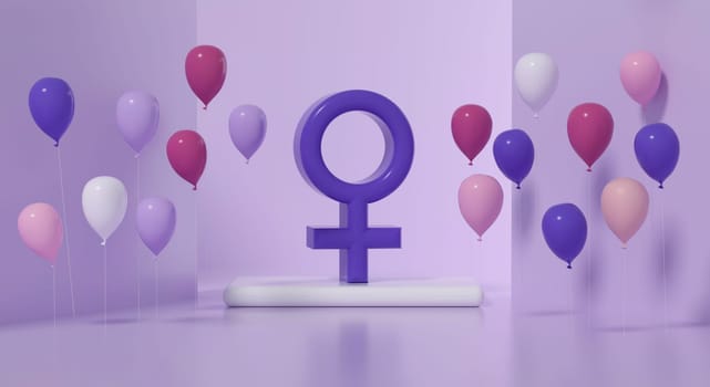 Celebration of women's day, celebration podium with symbol of woman with balloons on purple background. Party, festival, women. Representation in 3D.