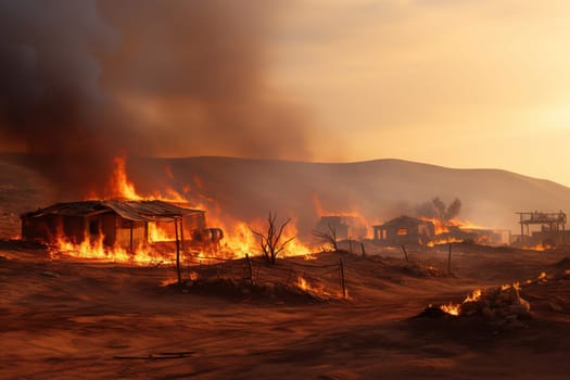 Fire in a desert settlement. Burning buildings of nomads.