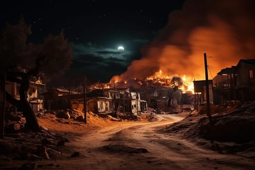 A village settlement burns at night.