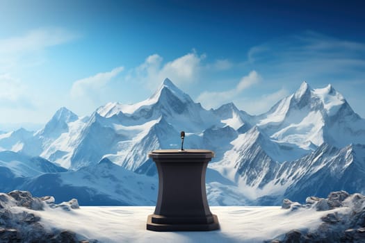 Wooden stands with debate microphones on top of a snowy mountain.