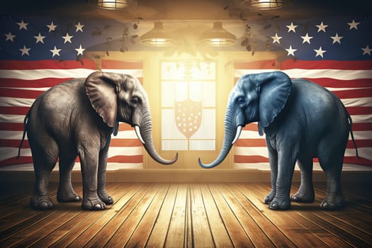 Two large elephants stand opposite each other against the backdrop of the usa flag.