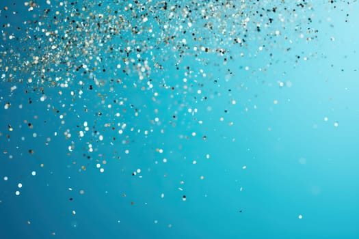 Golden shimmering sparkles against a blue background. Beautiful festive background.
