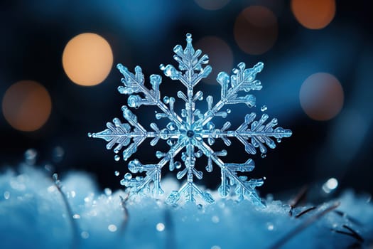 Beautiful crystal snowflake on the snow. Winter background.