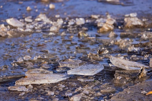 Pieces of ice on a dirt road with splinters and broken ice in climate change on a dirt road in an agricultural field