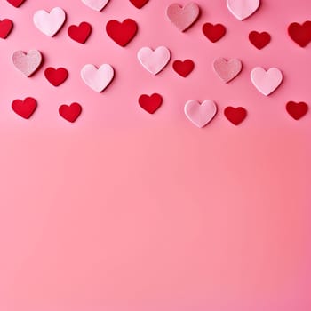 Various red and white hearts scattered on a pink background.
