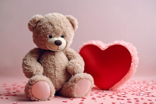 A teddy bear next to a red heart on a pink backdrop with small hearts scattered around.