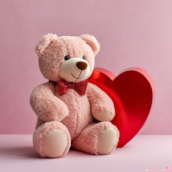 A pink teddy bear with a bow tie sits next to a red heart.