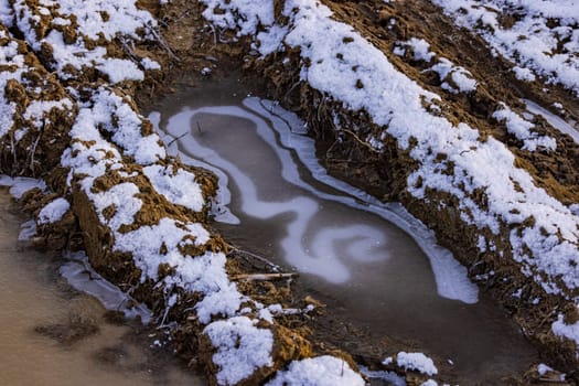 Idyllic frozen water in tractor tracks in a field with clods of earth in sunlight in winter