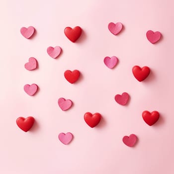 Assortment of pink and red hearts on a pastel background.