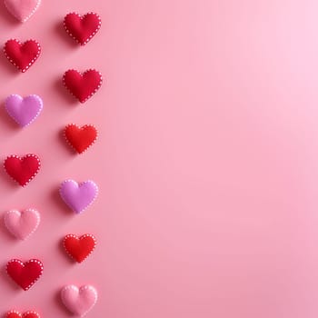 Assorted heart shapes arranged on a pink background, symbolizing love, Valentine's Day.