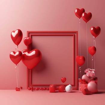 Assortment of red and pink heart-shaped balloons and decorations on a pink background.