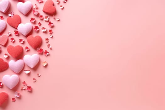 Assortment of red and pink hearts on a pastel background, Valentine's theme.