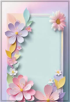 Cherry blossom frame on pastel background with space for text. Sakura.Paper art of Cherry blossom with frame on pastel background.Paper cut style.Spring background with sakura flowers and leaves. Vector paper illustration.3d rendering.Spring flowers frame with copy space for your text. Pastel colors.Minimal style.İnvitation and celebrations.