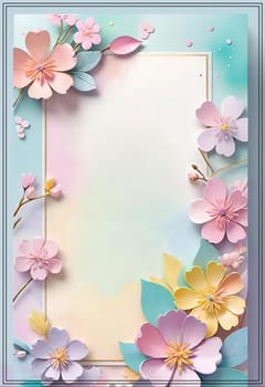 Cherry blossom frame on pastel background with space for text. Sakura.Paper art of Cherry blossom with frame on pastel background.Paper cut style.Spring background with sakura flowers and leaves. Vector paper illustration.3d rendering.Spring flowers frame with copy space for your text. Pastel colors.Minimal style.İnvitation and celebrations.
