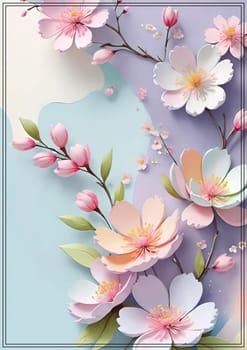 Cherry blossom frame on pastel background with space for text. Sakura.Paper art of Cherry blossom with frame on pastel background.Paper cut style.Spring background with sakura flowers and leaves. Vector paper illustration.3d rendering.Spring flowers frame with copy space for your text. Pastel colors.Minimal style.İnvitation and celebrations.