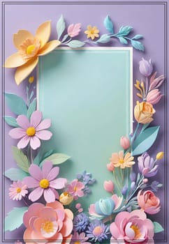 Cherry blossom frame on pastel background with space for text. Sakura.Paper art of Cherry blossom with frame on pastel background.Paper cut style.Spring background with sakura flowers and leaves. Vector paper illustration.3d rendering.Spring flowers frame with copy space for your text. Pastel colors.Minimal style.İnvitation and celebrations.