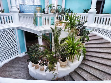 Snail stone staircase with steps, white railings, green flowers and plants inside. Architecture. Abstract Background, location and pattern