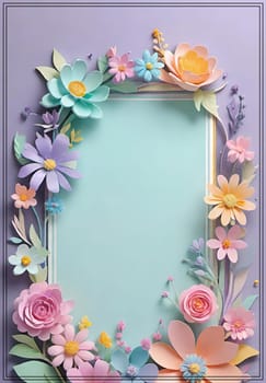 Cherry blossom frame on pastel background with space for text. Sakura.Paper art of Cherry blossom with frame on pastel background.Paper cut style.Spring background with sakura flowers and leaves. Vector paper illustration.3d rendering.Spring flowers frame with copy space for your text. Pastel colors.Minimal style.İnvitation and celebrations.