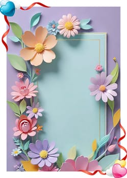 Cherry blossom frame on pastel background with space for text. Sakura.Paper art of Cherry blossom with frame on pastel background.Paper cut style.Spring background with sakura flowers and leaves. Vector paper illustration.3d rendering.Spring flowers frame with copy space for your text. Pastel colors.Minimal style.İnvitation and celebrations.