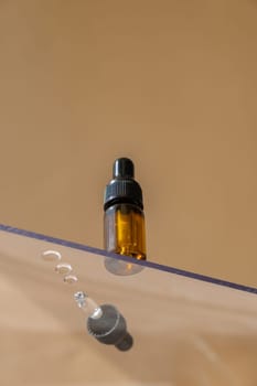 Low angle view isometric of essential oil. Aromatherapy scene natural home fragrance perfumery oil. Wild grown plant herbal ingredient oil. Copy space