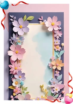 Cherry blossom frame on pastel background with space for text. Sakura.Paper art of Cherry blossom with frame on pastel background.Paper cut style.Spring background with sakura flowers and leaves. Vector paper illustration.3d rendering.Spring flowers frame with copy space for your text. Pastel colors.Minimal style.İnvitation and celebrations.