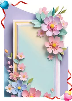 Cherry blossom frame on pastel background with space for text. Sakura.Paper art of Cherry blossom with frame on pastel background.Paper cut style.Spring background with sakura flowers and leaves. Vector paper illustration.3d rendering.Spring flowers frame with copy space for your text. Pastel colors.Minimal style.İnvitation and celebrations.