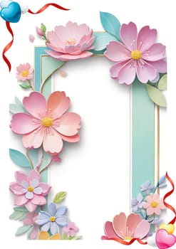 Cherry blossom frame on pastel background with space for text. Sakura.Paper art of Cherry blossom with frame on pastel background.Paper cut style.Spring background with sakura flowers and leaves. Vector paper illustration.3d rendering.Spring flowers frame with copy space for your text. Pastel colors.Minimal style.İnvitation and celebrations.