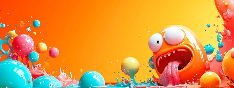 3D illustration of a whimsical, orange creature surrounded by splashes of colorful liquid and floating spheres against a vivid orange to yellow gradient background. copy space