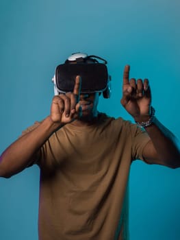 Immersed in a digital realm, an African American man navigates the virtual landscape with a VR goggles, using tactile gestures to interact with virtual objects, showcasing a harmonious blend of technology, innovation, and diverse empowerment.