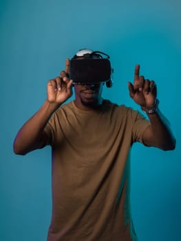 Immersed in a digital realm, an African American man navigates the virtual landscape with a VR goggles, using tactile gestures to interact with virtual objects, showcasing a harmonious blend of technology, innovation, and diverse empowerment.