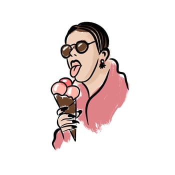 Hand drawn illustration of woman eating ice cream cone. Pink peach apricot colors, black sketch outlines, modern outline art lady in summer sunglasses, fashion icon bold colorful print on white isolated background