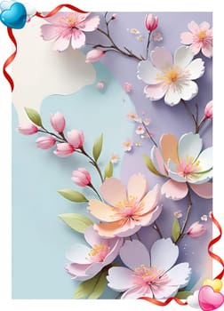 Cherry blossom frame on pastel background with space for text. Sakura.Paper art of Cherry blossom with frame on pastel background.Paper cut style.Spring background with sakura flowers and leaves. Vector paper illustration.3d rendering.Spring flowers frame with copy space for your text. Pastel colors.Minimal style.İnvitation and celebrations.