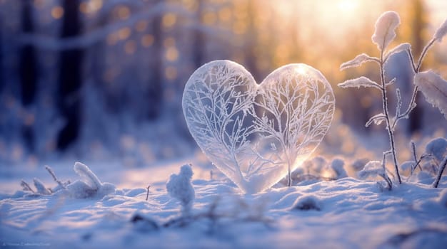 A delicate frost-covered heart-shaped branch amidst a snowy landscape at dawn - Generative AI