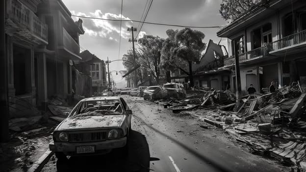 Black and white scene of a devastated urban street with wrecked cars and collapsed buildings post-earthquake - Generative AI