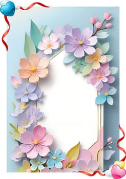 Cherry blossom frame on pastel background with space for text. Sakura.Paper art of Cherry blossom with frame on pastel background.Paper cut style.Spring background with sakura flowers and leaves. Vector paper illustration.3d rendering.Spring flowers frame with copy space for your text. Pastel colors.Minimal style.İnvitation and celebrations.