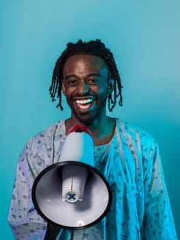 African American man dons traditional attire, passionately utilizing a megaphone against a striking blue background, symbolizing his vocal and cultural empowerment in the pursuit of social justice and equality.