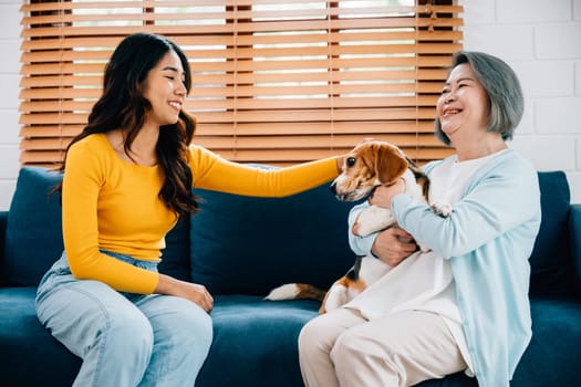 A joyful young woman, accompanied by her mother, shares a heartwarming family moment on the sofa at home. They bond with their Beagle dog, showcasing the happiness and loyalty within their family.